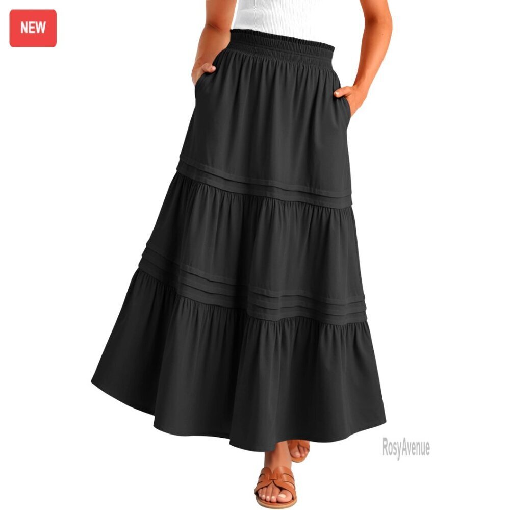 Maxi Skirt High Waisted Elastic Flowy Tiered Boho Long Summer Beach
